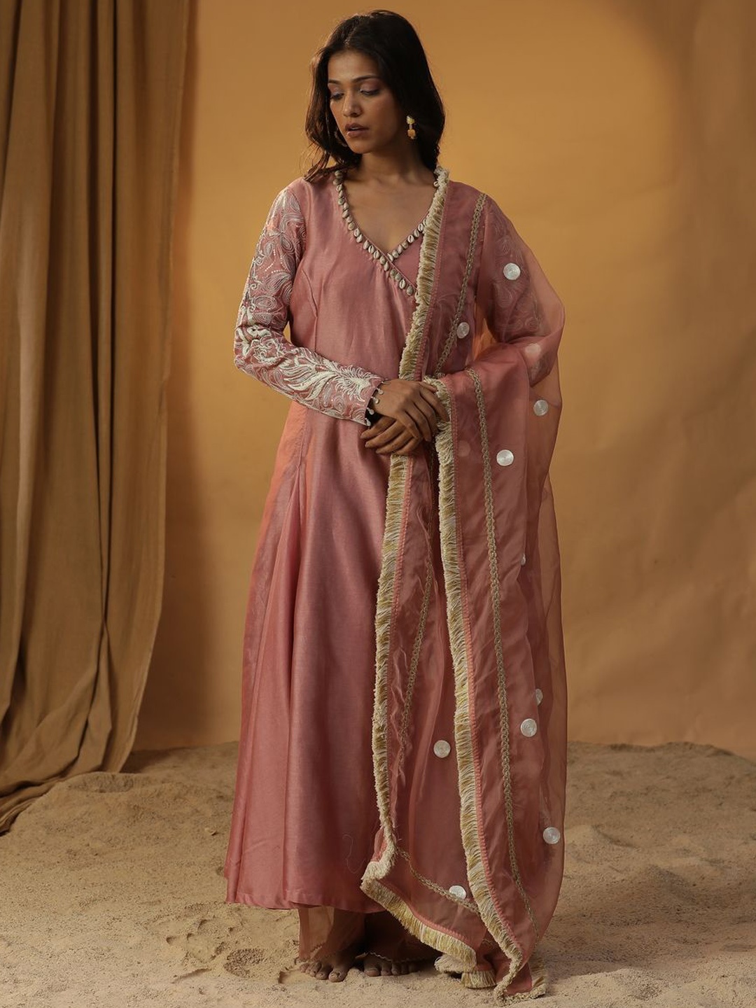 

ARPITA SULAKSHANA Thread Work Chanderi Silk Anarkali Kurta with Trousers & With Dupatta, Fuchsia