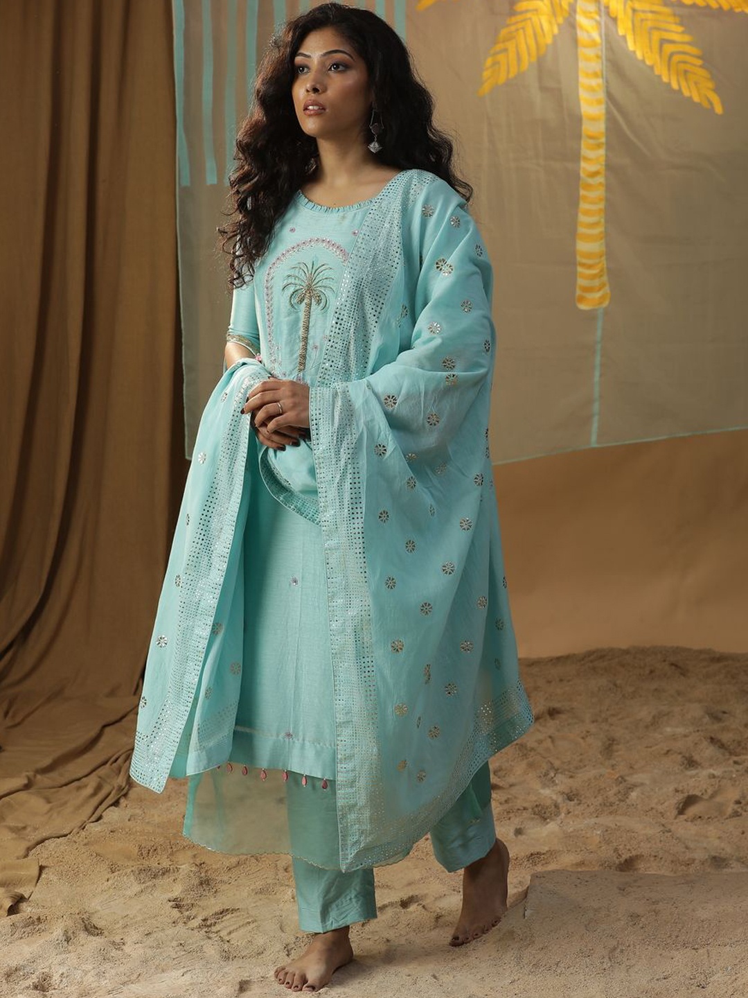 

ARPITA SULAKSHANA Ethnic Motifs Embroidered Beads and Stones Kurta With Palazzos & Dupatta, Blue