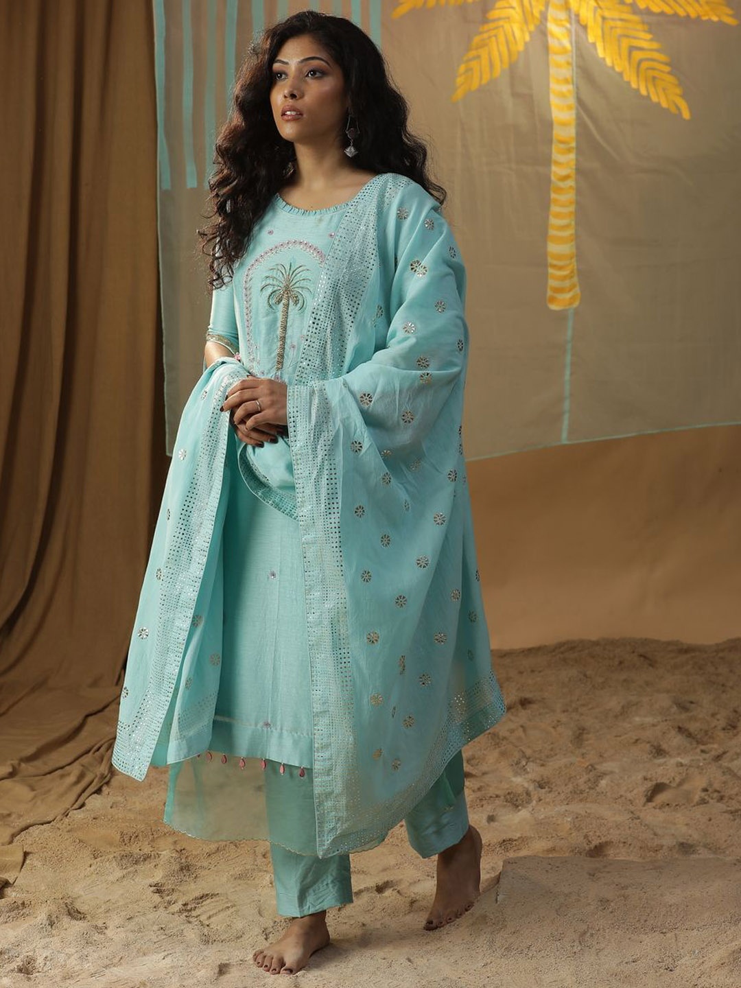 

ARPITA SULAKSHANA Ethnic Motifs Embroidered Beads and Stones Kurta With Palazzos & Dupatta, Blue