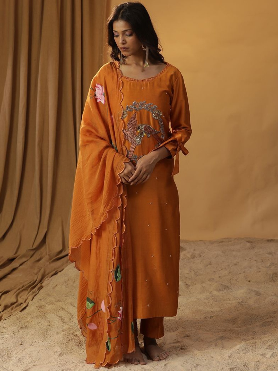 

ARPITA SULAKSHANA Ethnic Motifs Embroidered Beads and Stones Kurta With Palazzos & Dupatta, Orange