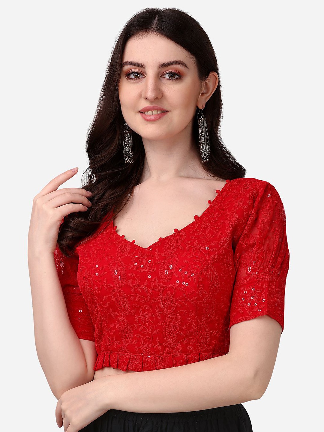 

PUJIA MILLS Puff Sleeves Embroidered Saree Blouse, Red