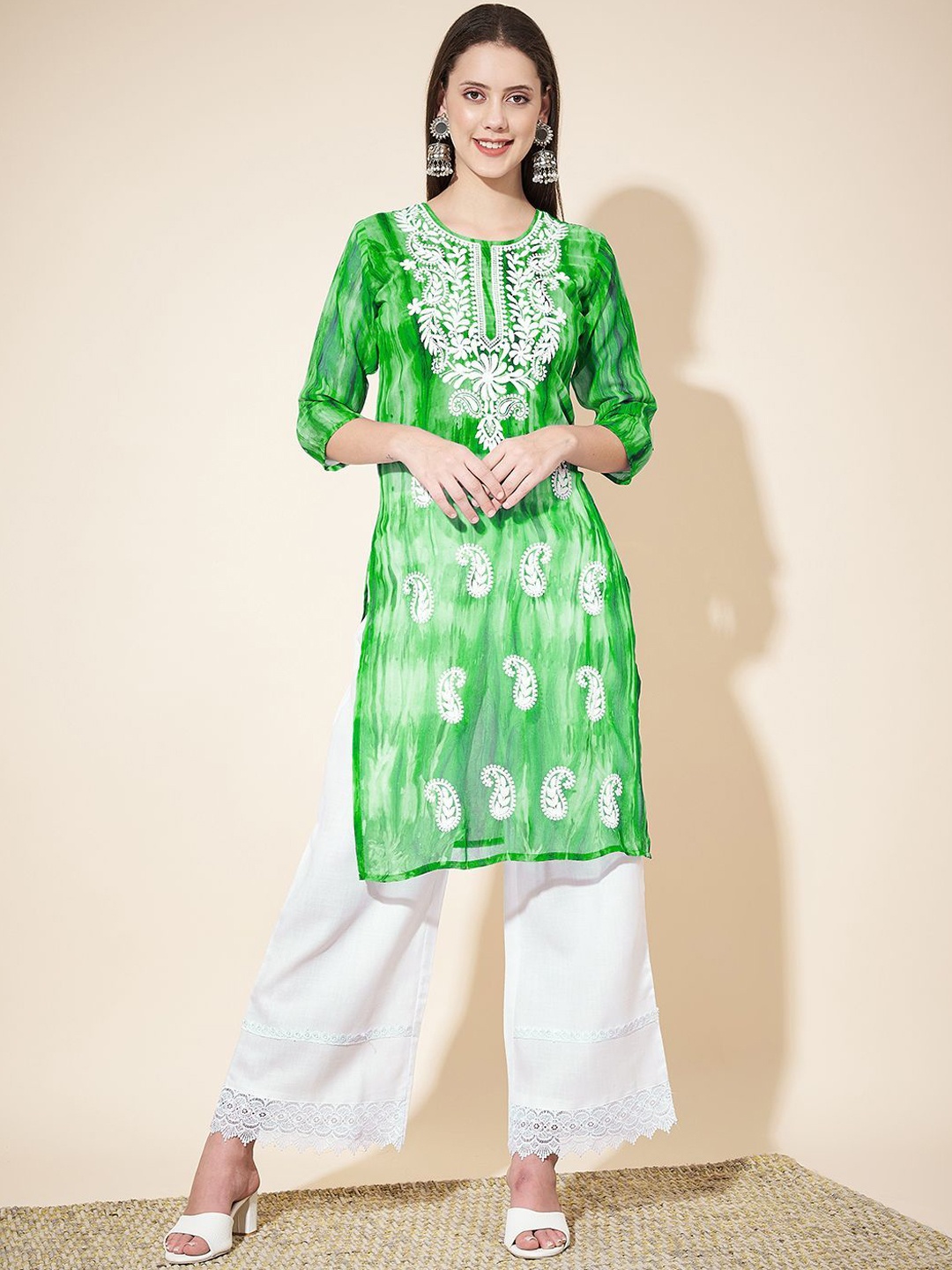 

KALINI Paisley Embroidered Chikankari Georgette Straight Kurta, Green