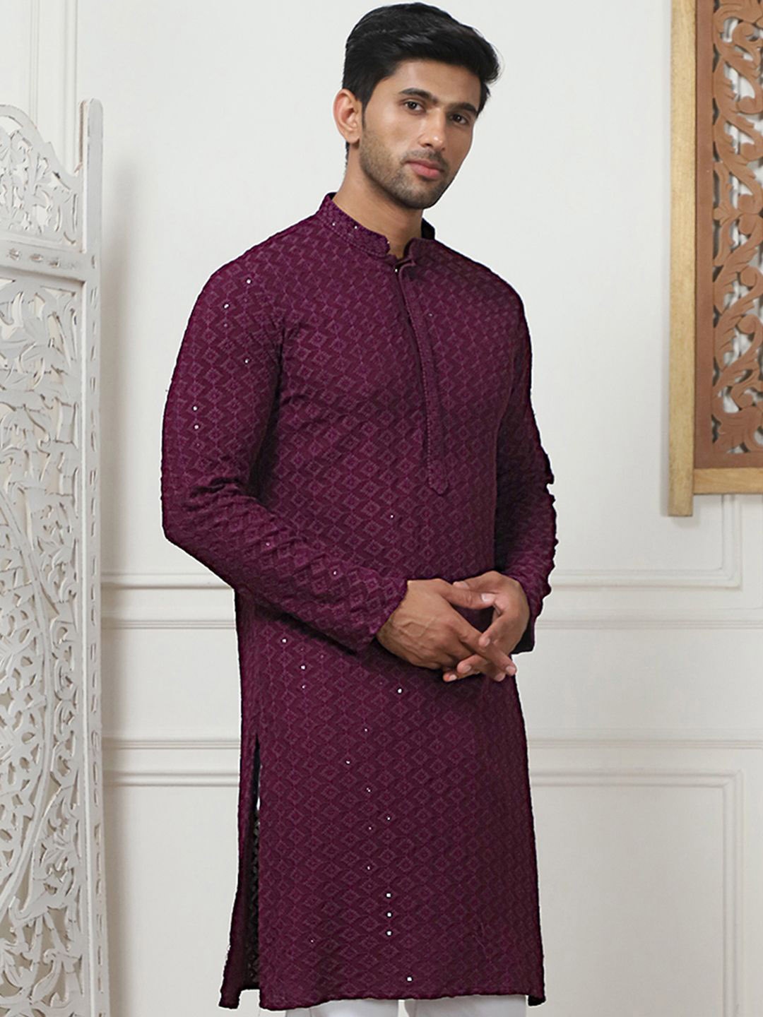 

Anouk Purple Geometric Embroidered Mandarin Collar Sequinned Straight Kurta