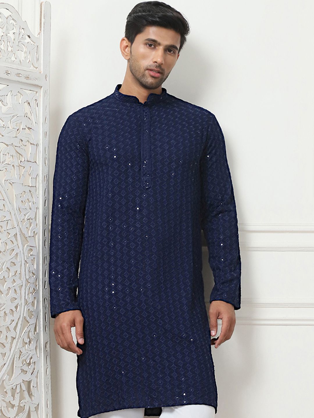 

Anouk Navy Blue Geometric Embroidered Mandarin Collar Sequinned Straight Kurta