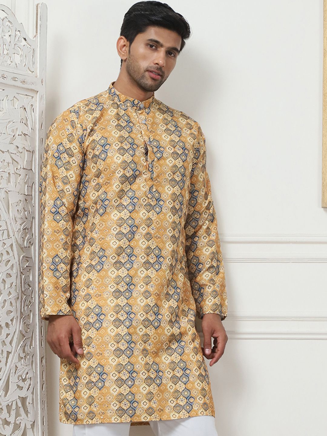 

Anouk Mustard Yellow Ethnic Motifs Printed Band Collar Straight Kurta