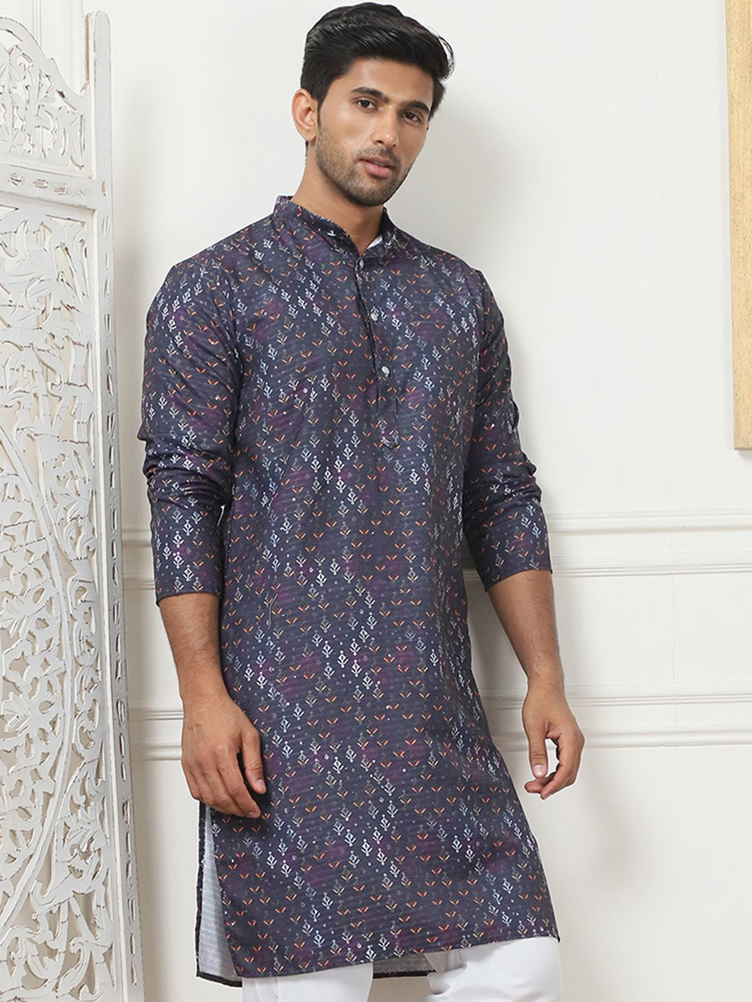 

Anouk Purple Geometric Printed Band Collar Straight Kurta