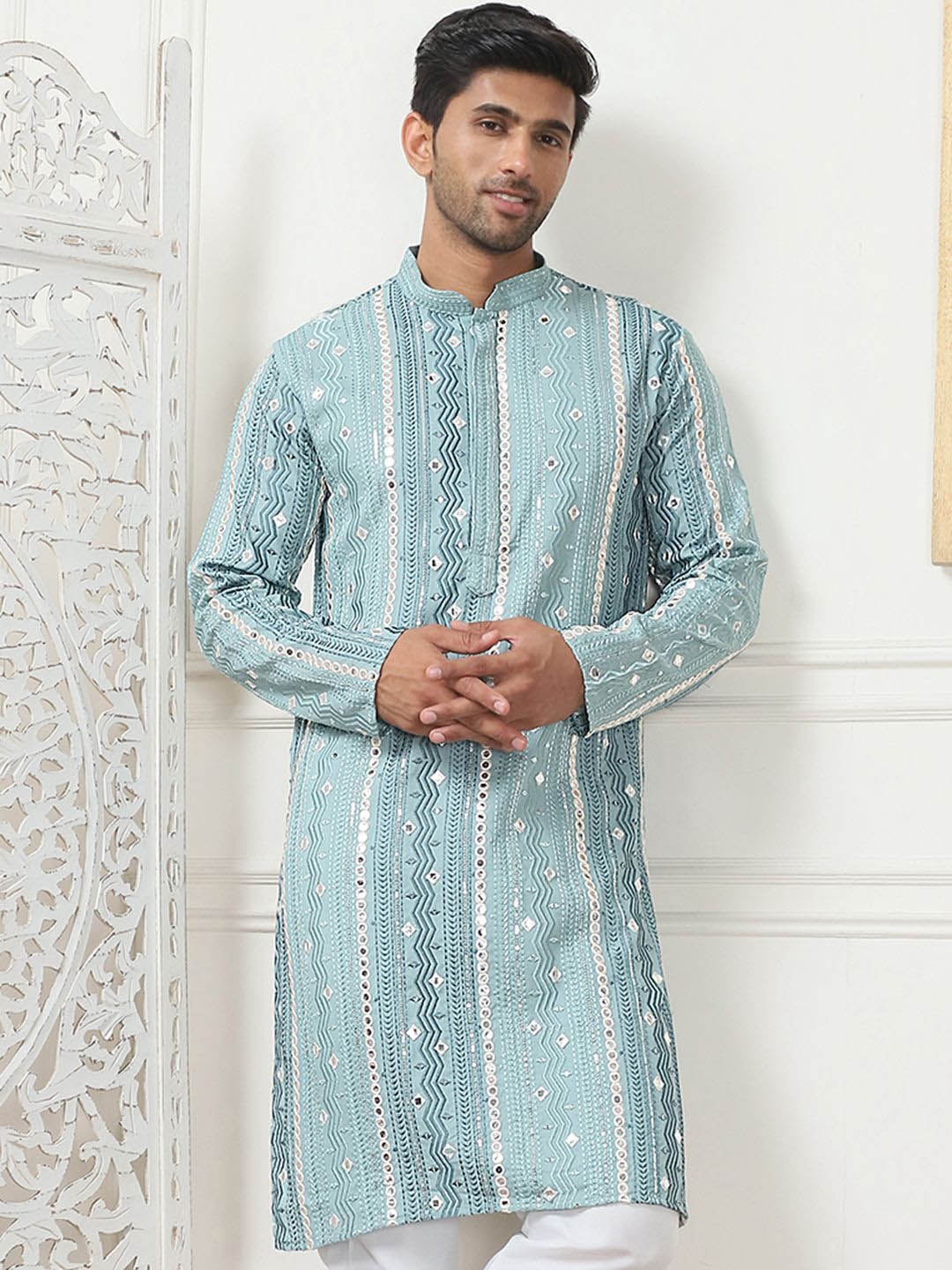 

Anouk Blue Geometric Embroidered Mandarin Collar Mirror Work Silk Cotton Straight Kurta