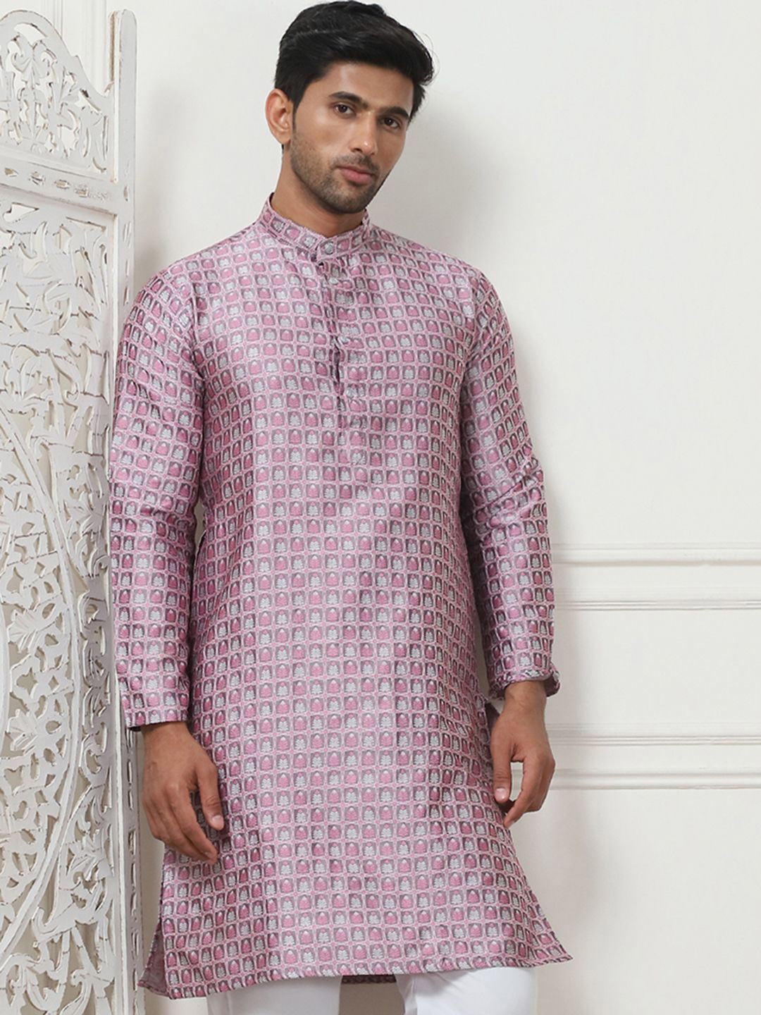 

Anouk Pink Ethnic Motifs Woven Design Band Collar Silk Cotton Straight Kurta