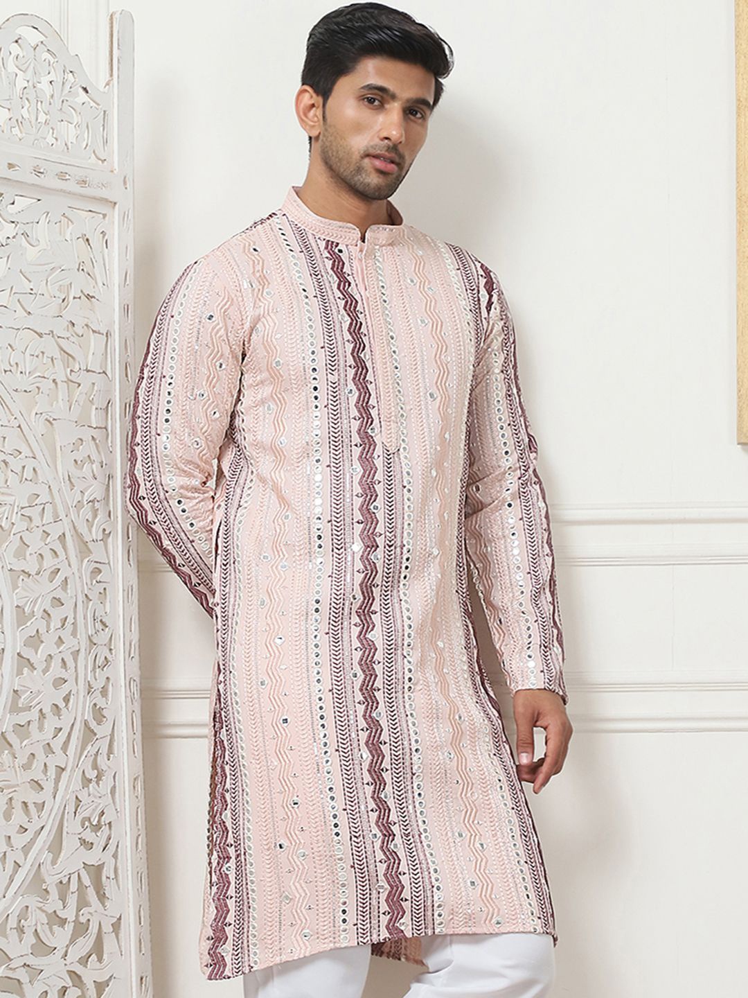 

Anouk Pink Geometric Embroidered Mandarin Collar Mirror Work Silk Cotton Straight Kurta