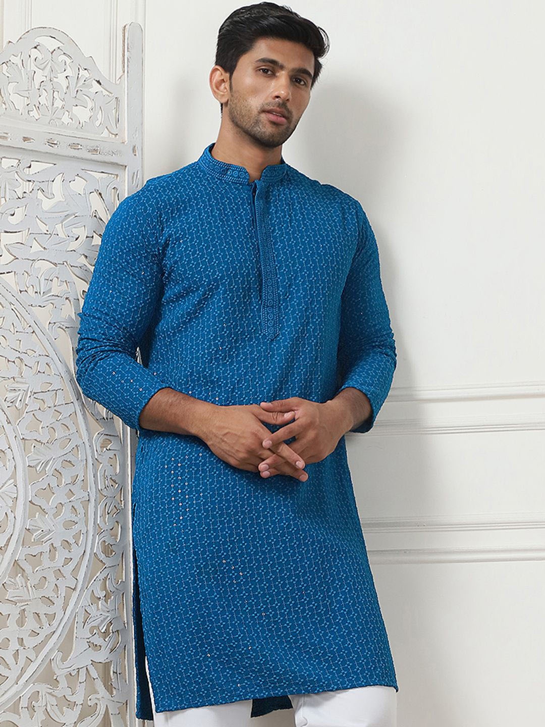 

Anouk Blue Ethnic Motifs Embroidered Mandarin Collar Sequinned Pure Cotton Straight Kurta
