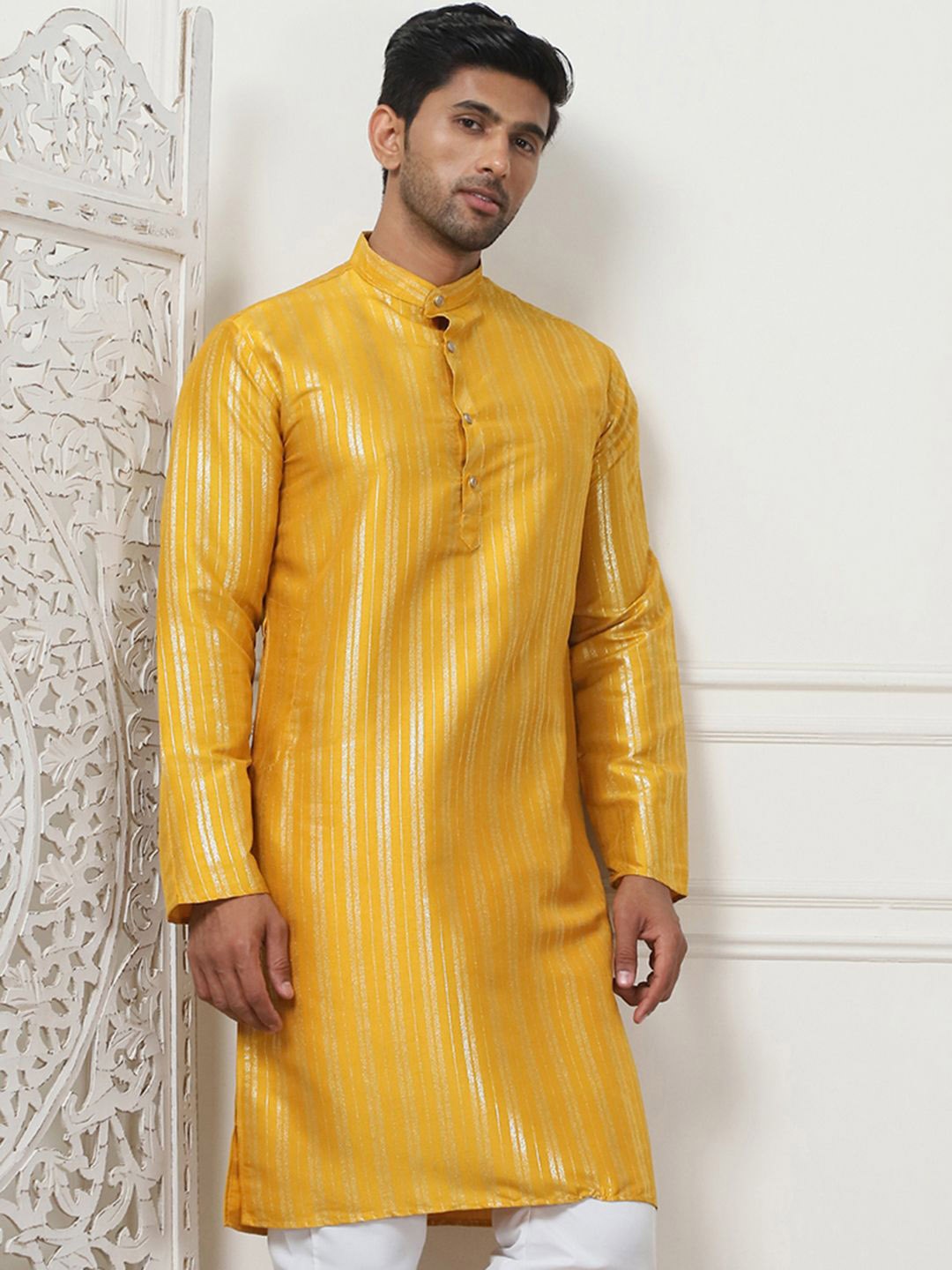 

Anouk Band Collar Striped Printed Cotton Straight Kurta, Mustard