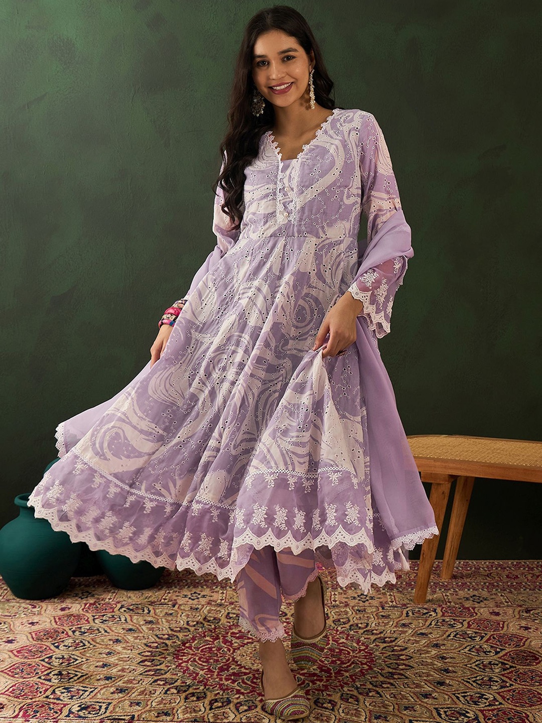 

Sangria Purple Printed V-Neck Schiffli Work Anarkali Kurta With Trousers & Dupatta