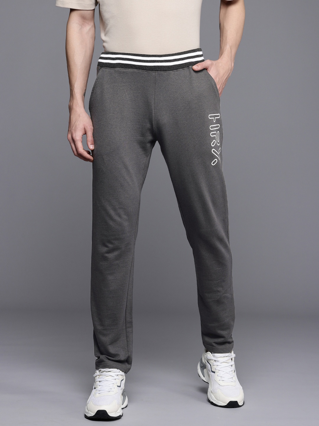HRX by Hrithik Roshan Men Lifestyle Brand Logo Printed Terry Track Pants, Grey