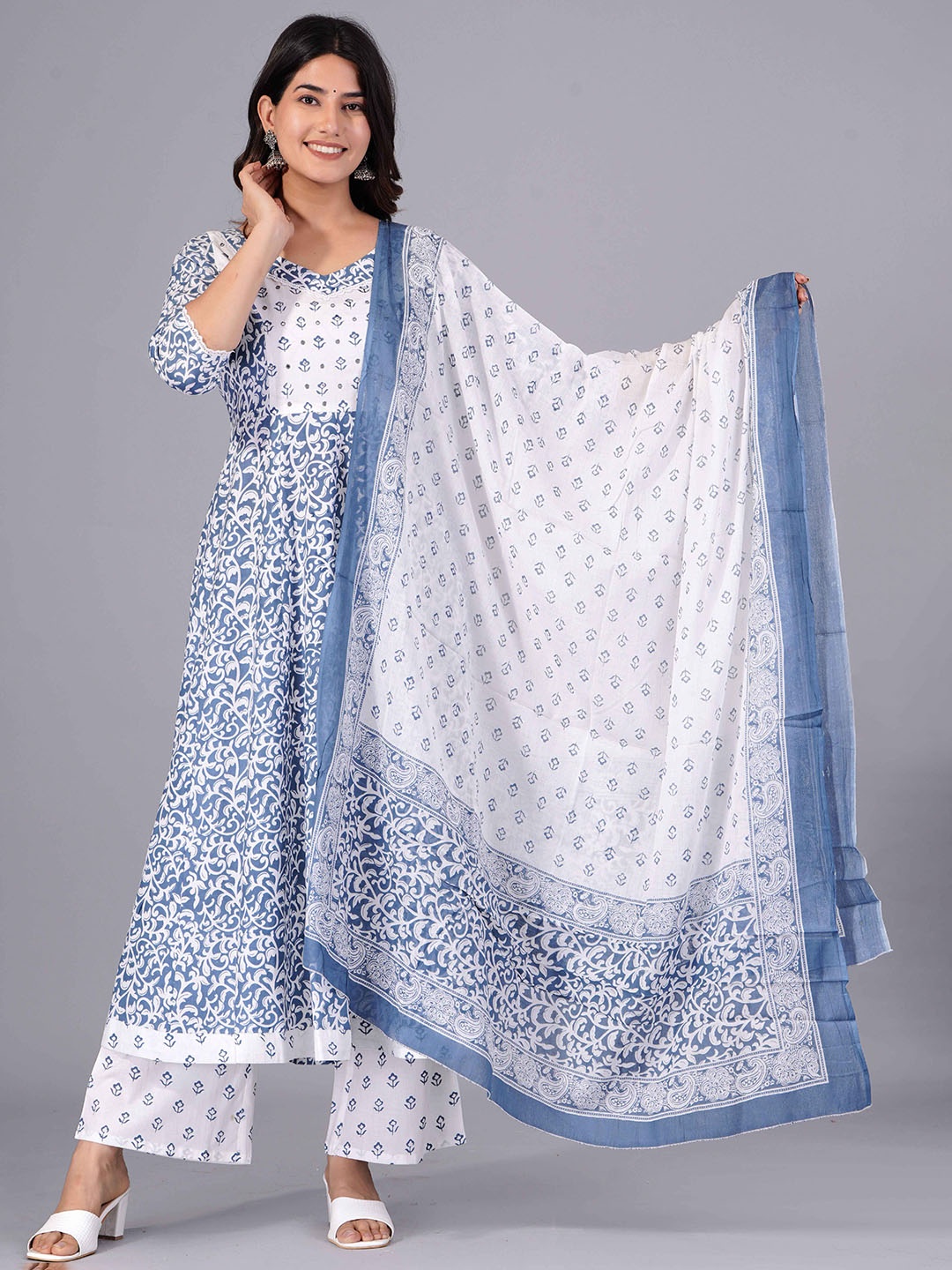 

KALINI Ethnic Motifs Printed Pure Cotton Anarkali Kurta With Palazzos & Dupatta, Blue