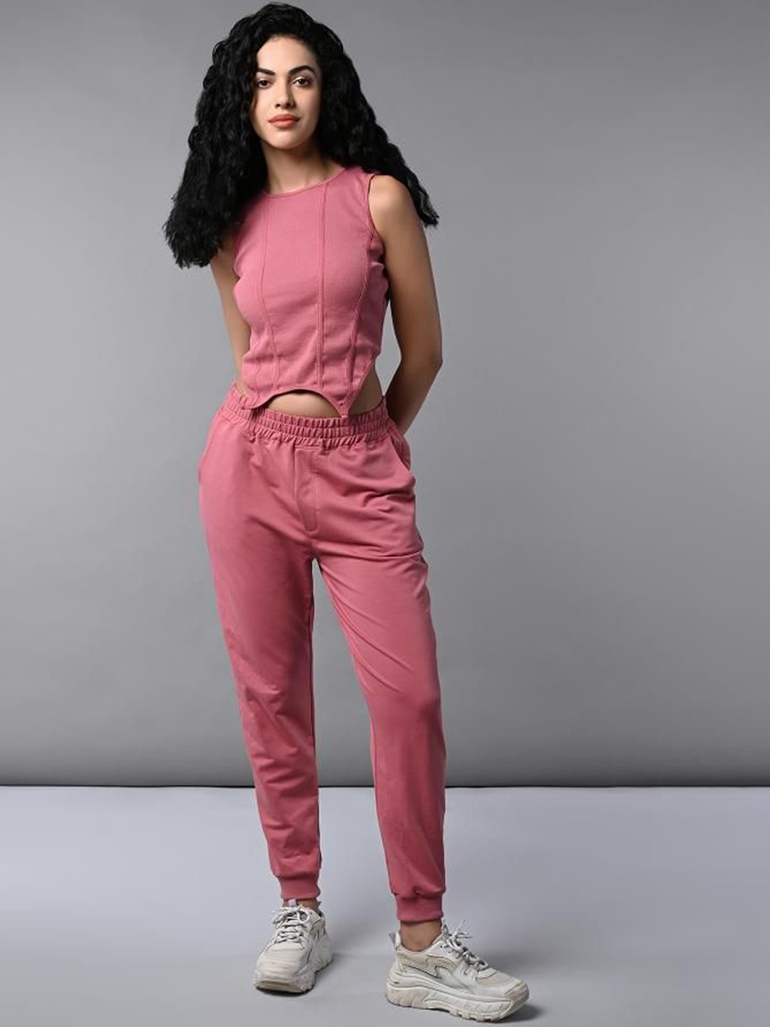 

Tuna London Round Neck Pure Cotton Corset Crop Top With Joggers, Pink