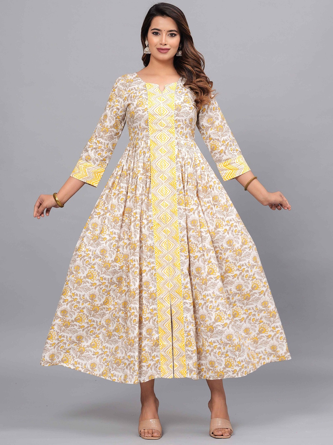 

JAIPURI COLLECTION Women Printed Cotton Fit and Flare Anarkali Dress, Mustard