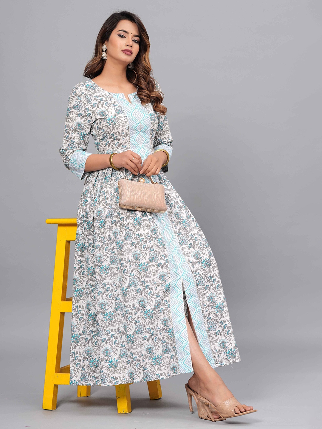 

JAIPURI COLLECTION Floral Printed Cotton Anarkali Kurta, White