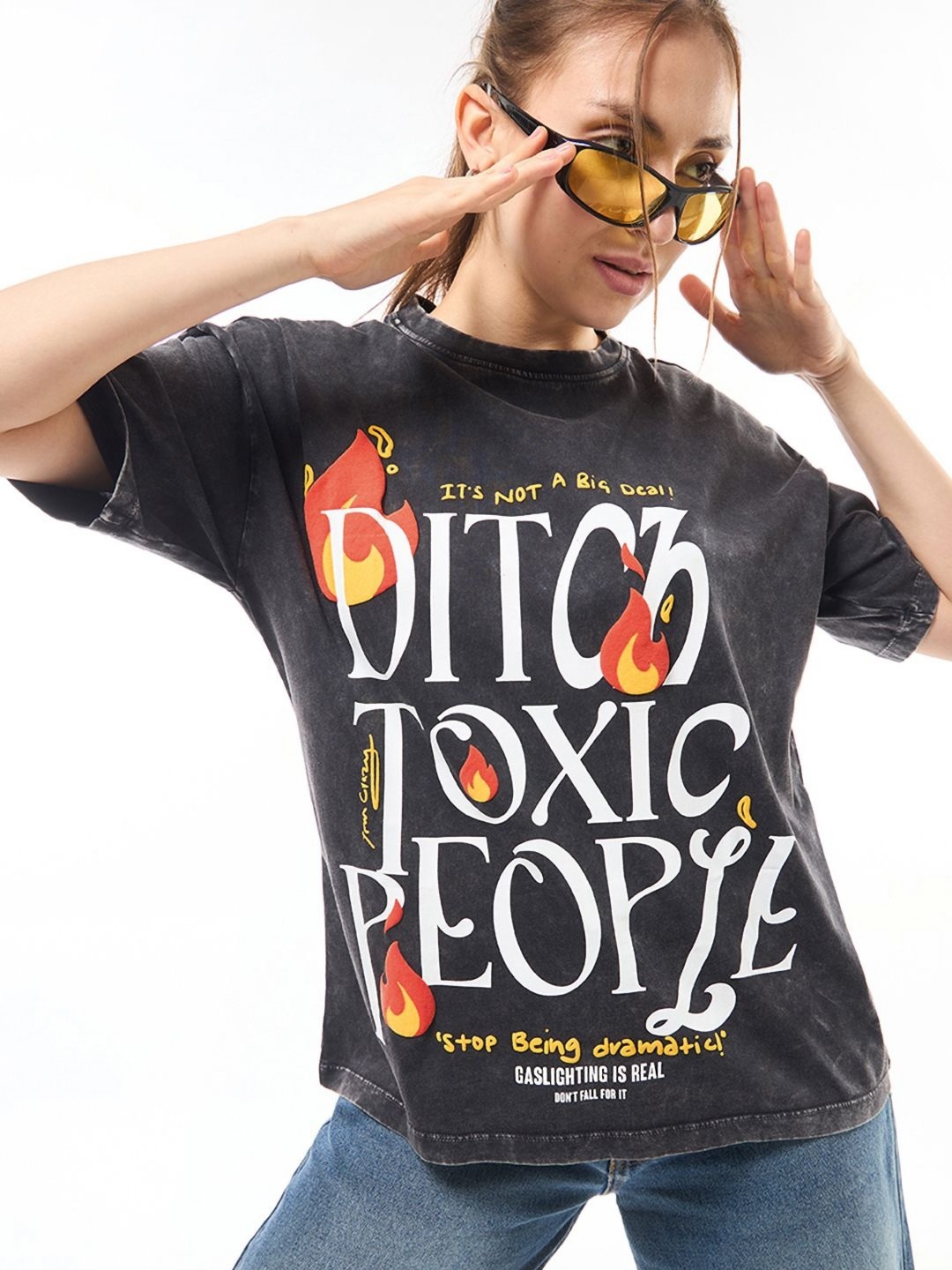 

Bewakoof Women Graphic Printed Oversized Cotton Acid Wash T-shirt, Black