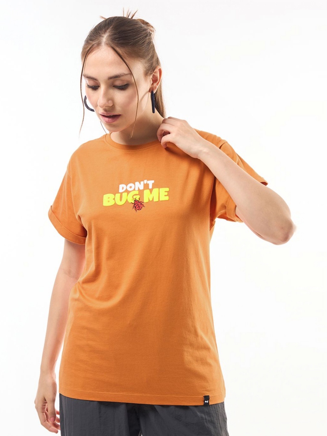 

Bewakoof Women Don't Bug Me Graphic Printed Cotton Oversized T-shirt, Orange