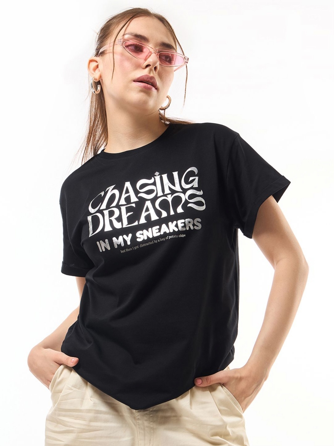 

Bewakoof Women Typography Printed Pure Cotton Oversized T-shirt, Black