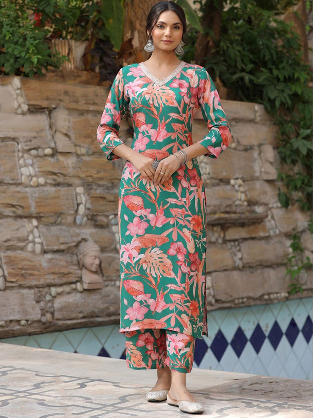 

Royal Export Floral Printed Tunic With Trousers, Green