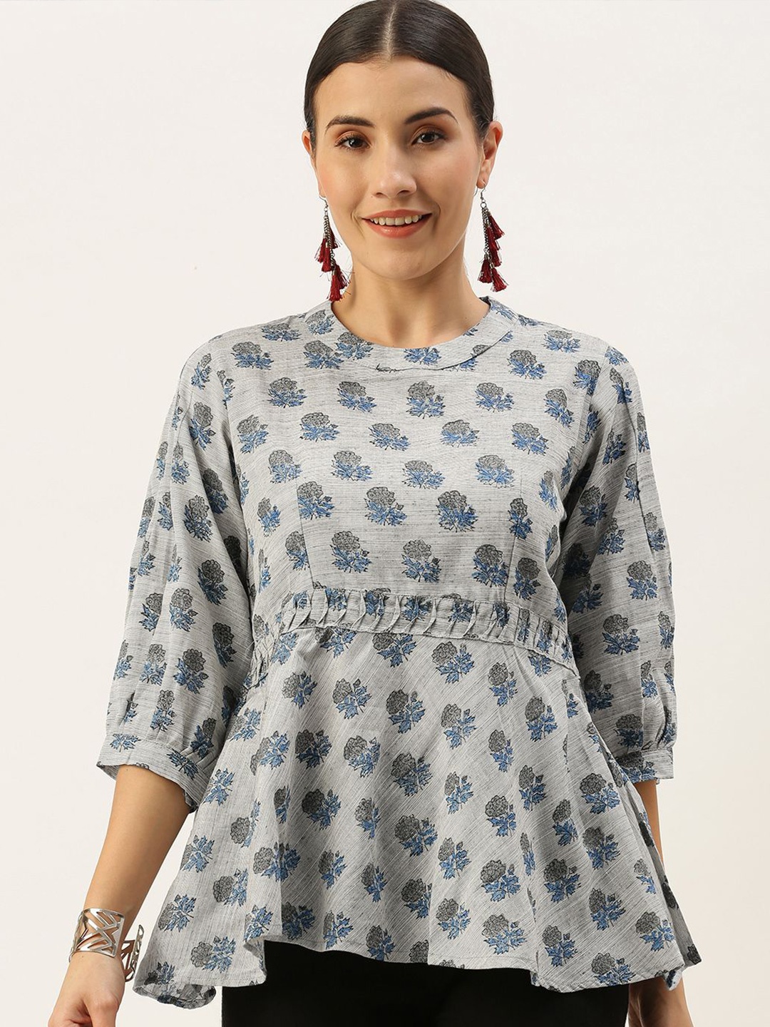 

KALINI Print Layered Ethnic Cotton Top, Grey