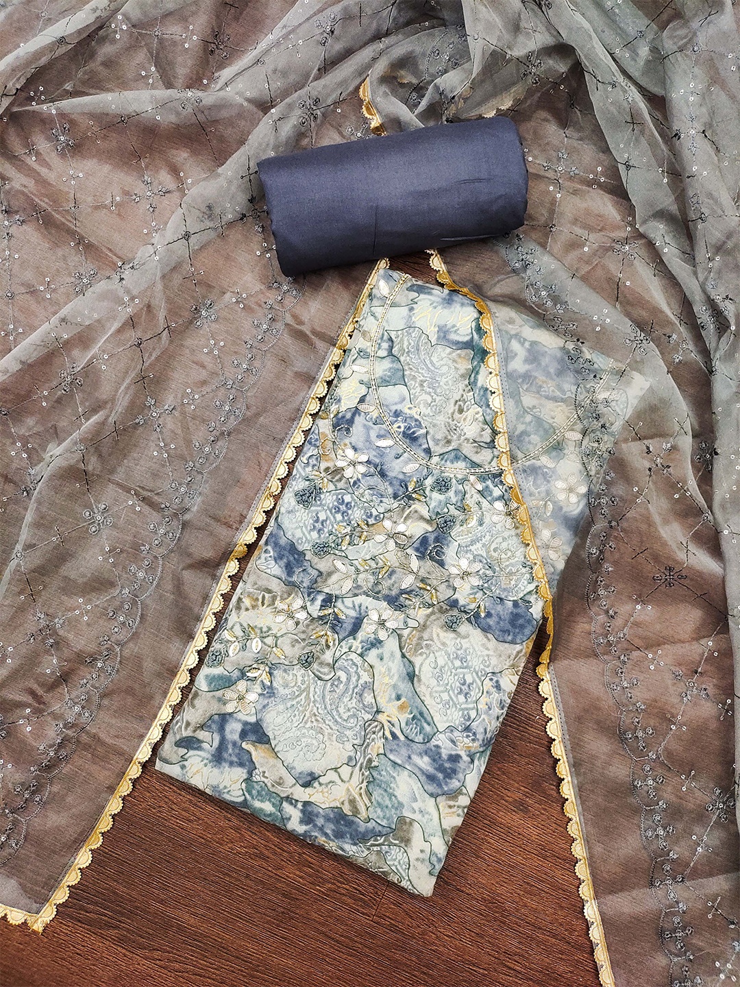

MANVAA Abstract Printed Zari Unstitched Dress Material, Grey