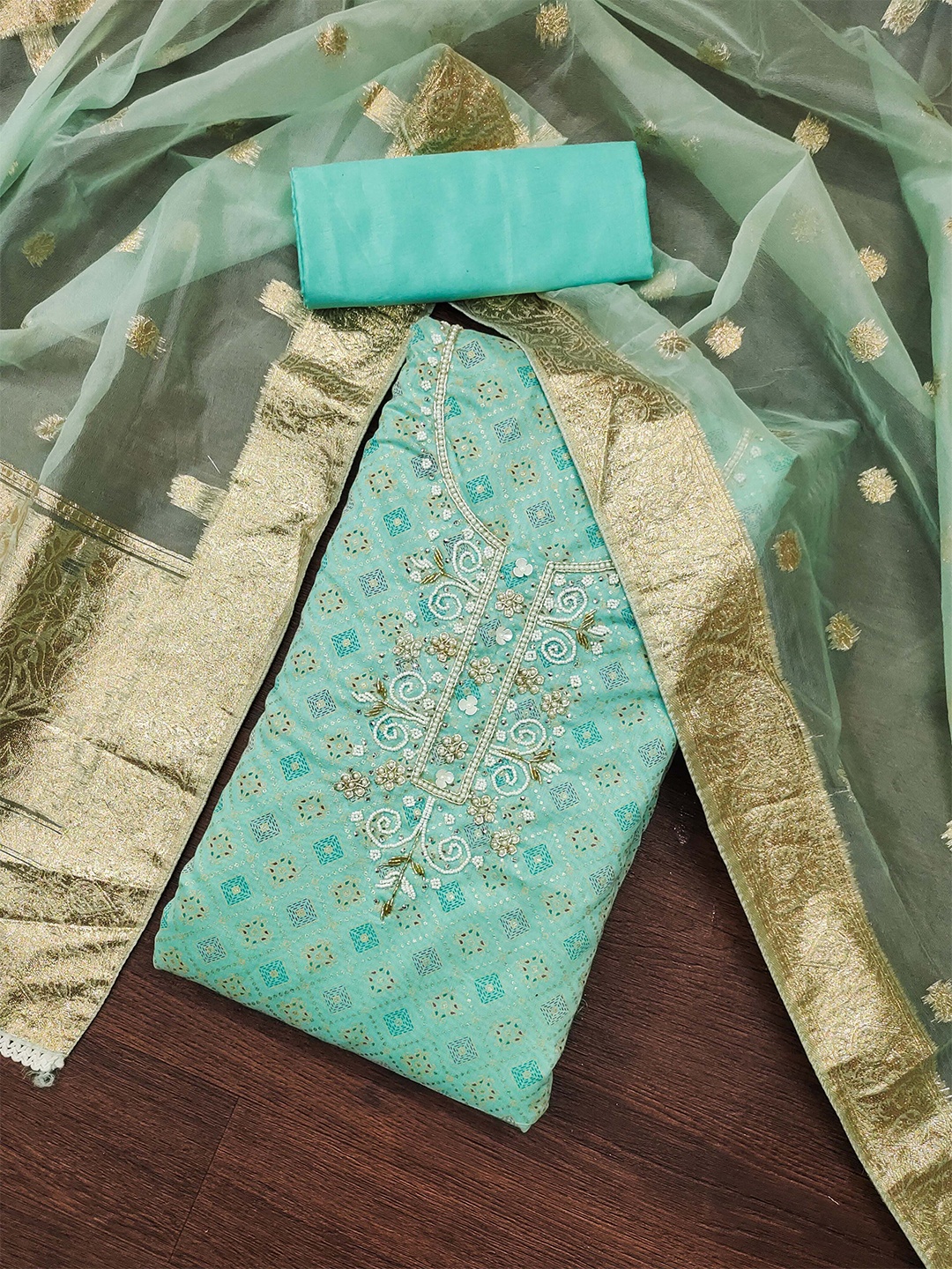 

MANVAA Ethnic Motifs Embellished Beads and Stones Unstitched Dress Material, Sea green