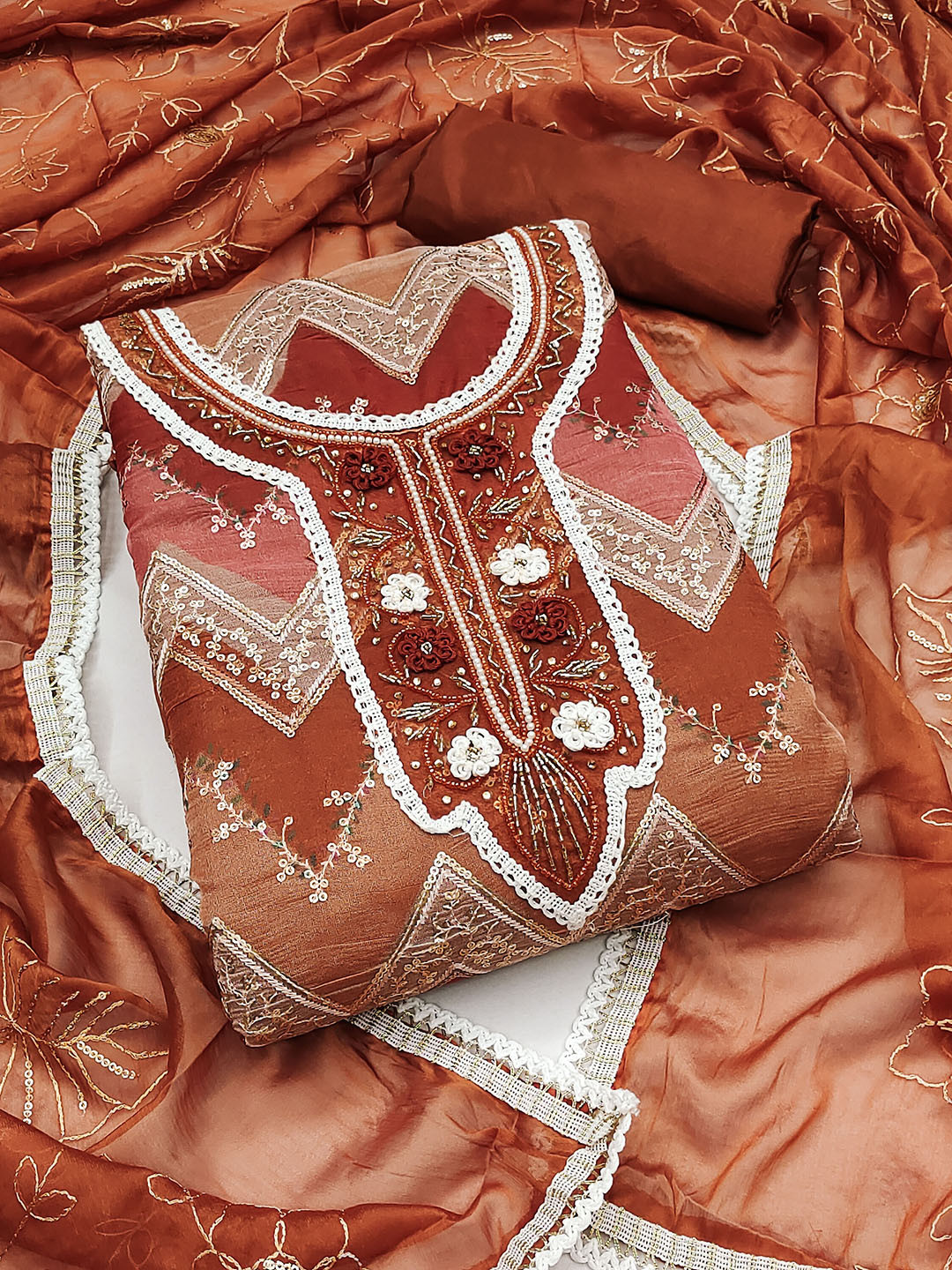 

MANVAA Floral Embellished Beads and Stones Organza Unstitched Dress Material, Brown