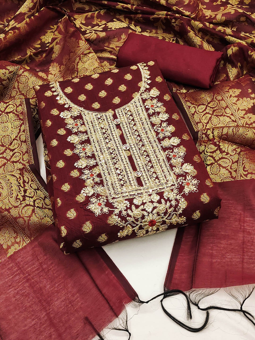 

MANVAA Floral Woven Design Zari Work Unstitched Dress Material, Maroon