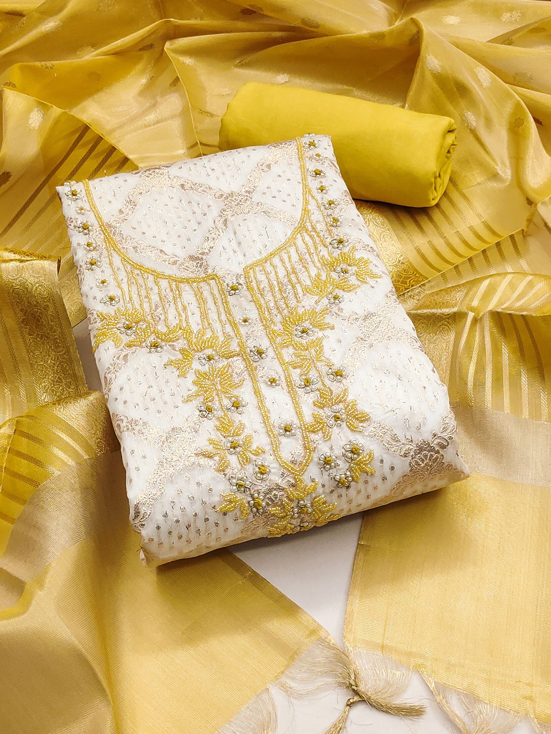 

MANVAA Floral Embroidered Beads and Stones Unstitched Dress Material, White
