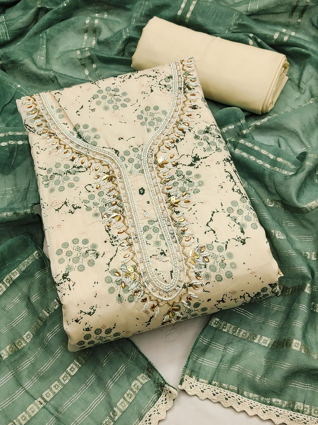

MANVAA Abstract Printed Beads and Stones Unstitched Dress Material, Cream