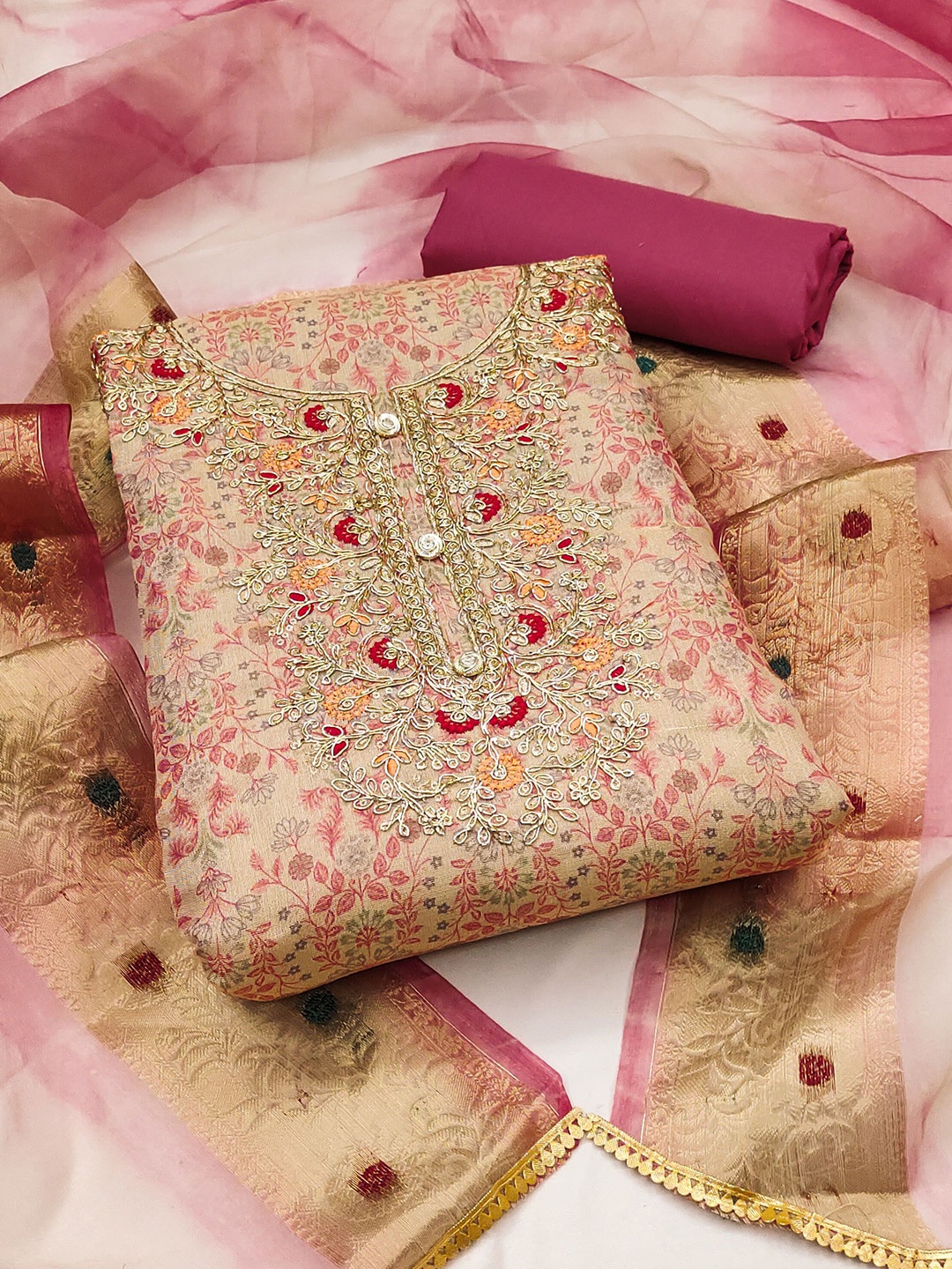 

MANVAA Floral Printed Beads and Stones Unstitched Dress Material, Beige