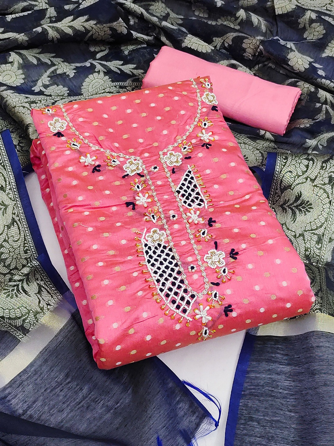 

MANVAA Floral Woven Design Beads and Stones Unstitched Dress Material, Pink