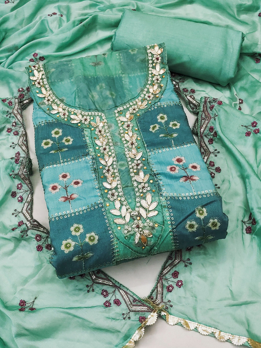 

MANVAA Floral Printed Sequinned Unstitched Dress Material, Green