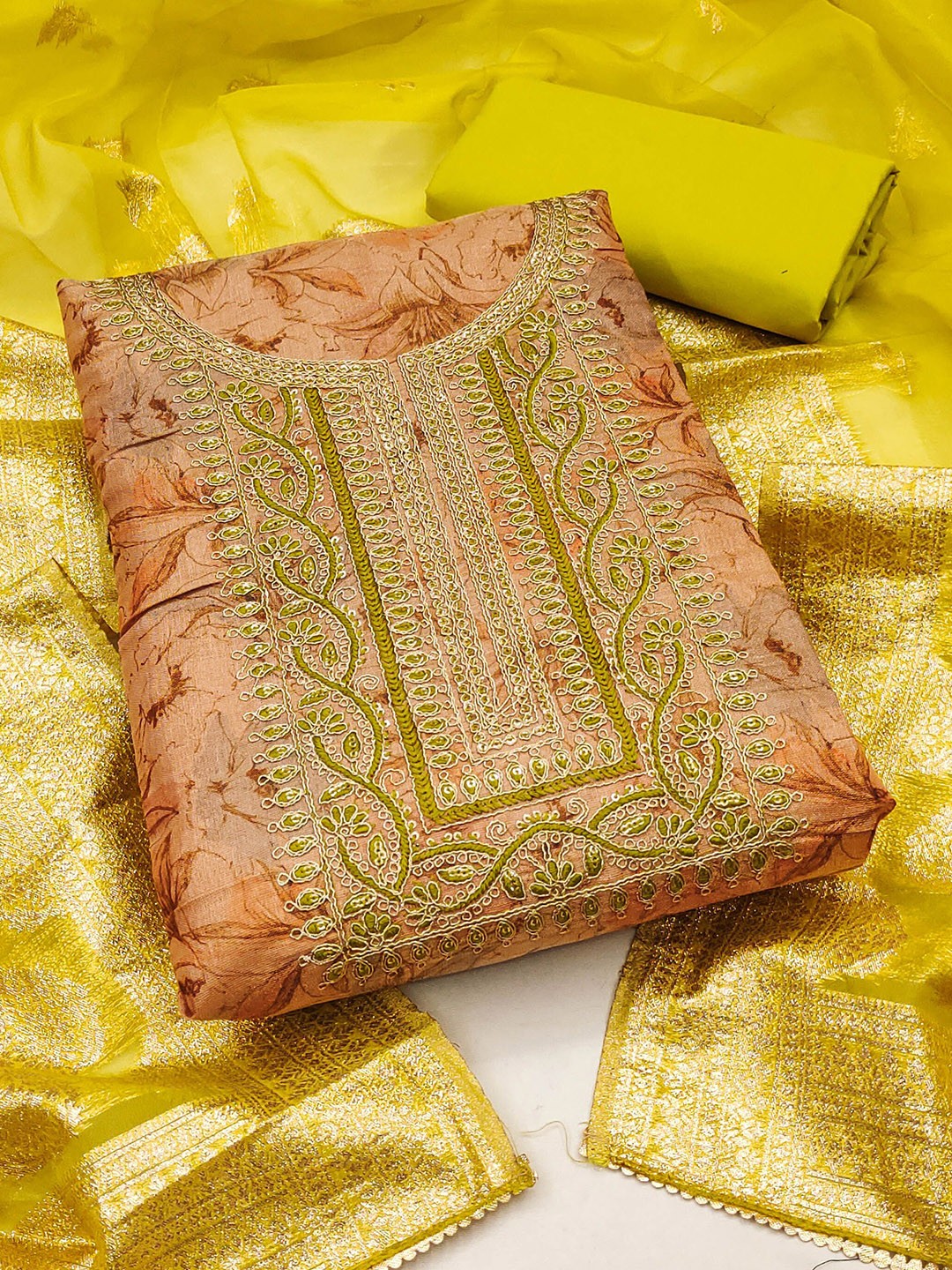 

MANVAA Floral Printed Zari Work Unstitched Dress Material, Pink