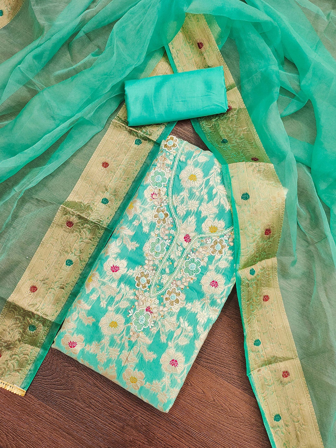 

MANVAA Floral Woven Design Beads and Stones Unstitched Dress Material, Sea green