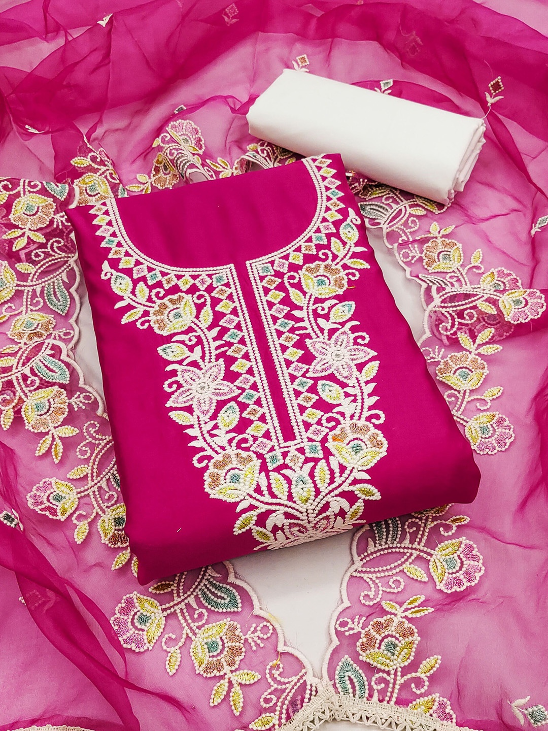 

MANVAA Floral Embroidered Unstitched Dress Material, Pink
