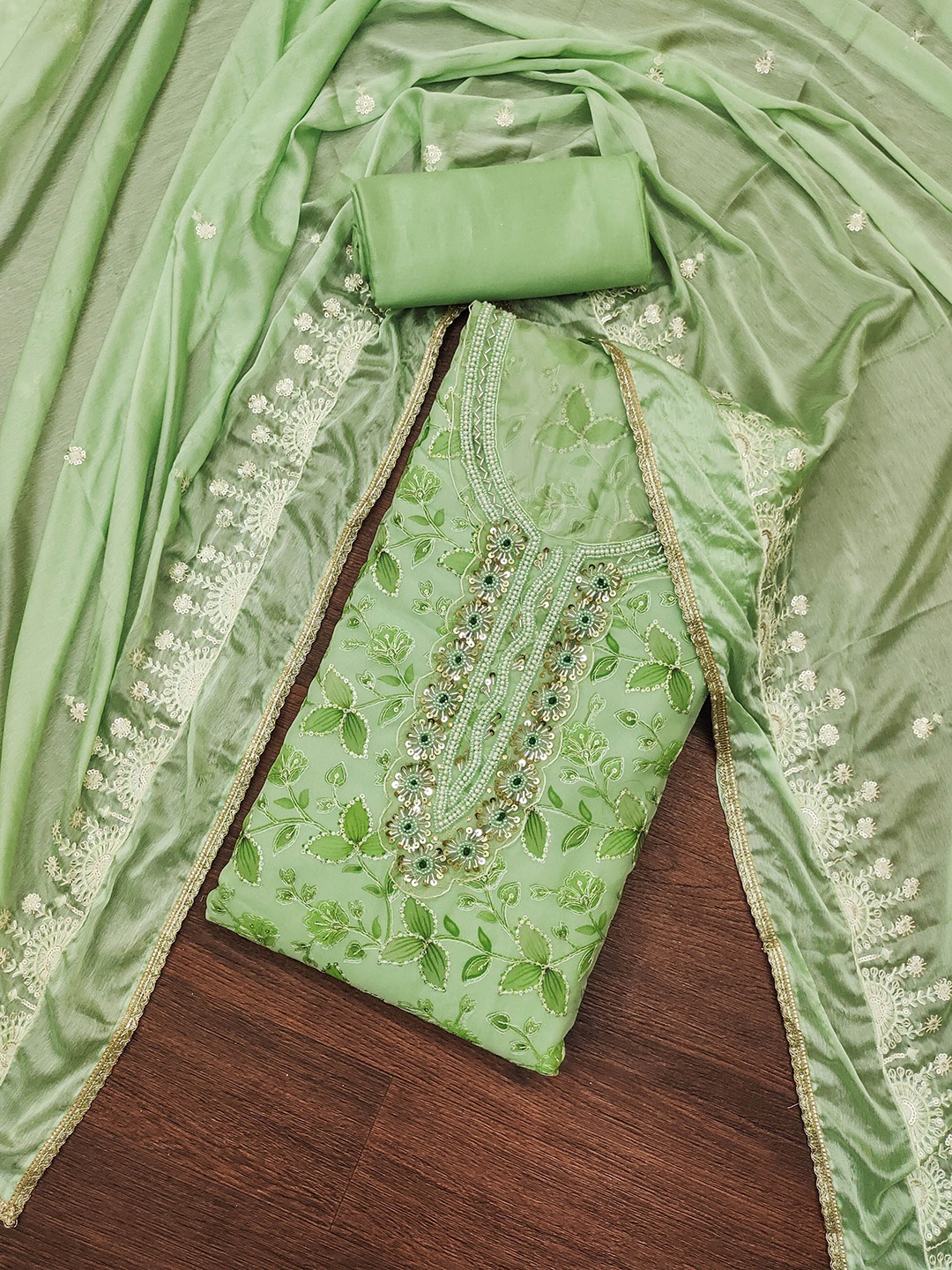 

MANVAA Floral Embellished Beads and Stones Organza Unstitched Dress Material, Sea green