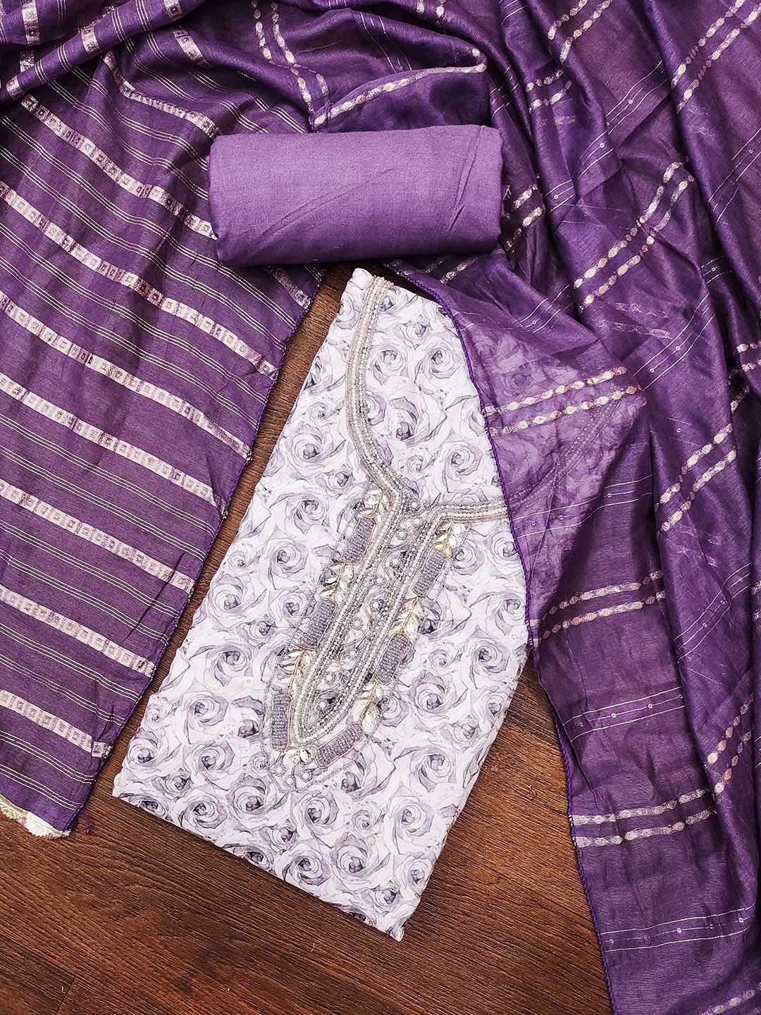 

MANVAA Floral Printed Beads and Stones Unstitched Dress Material, White