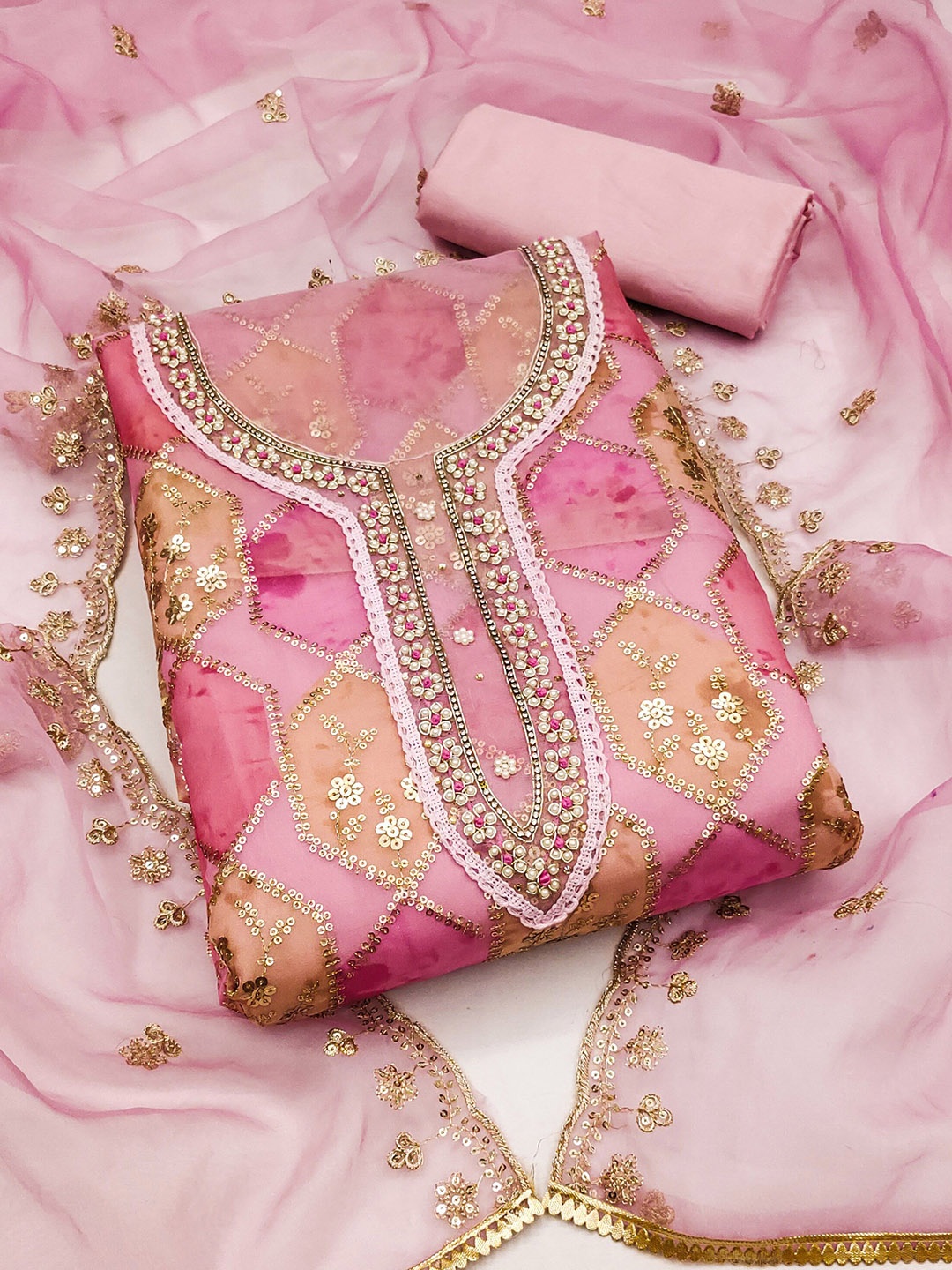 

MANVAA Floral Embroidered Sequinned Organza Unstitched Dress Material, Pink