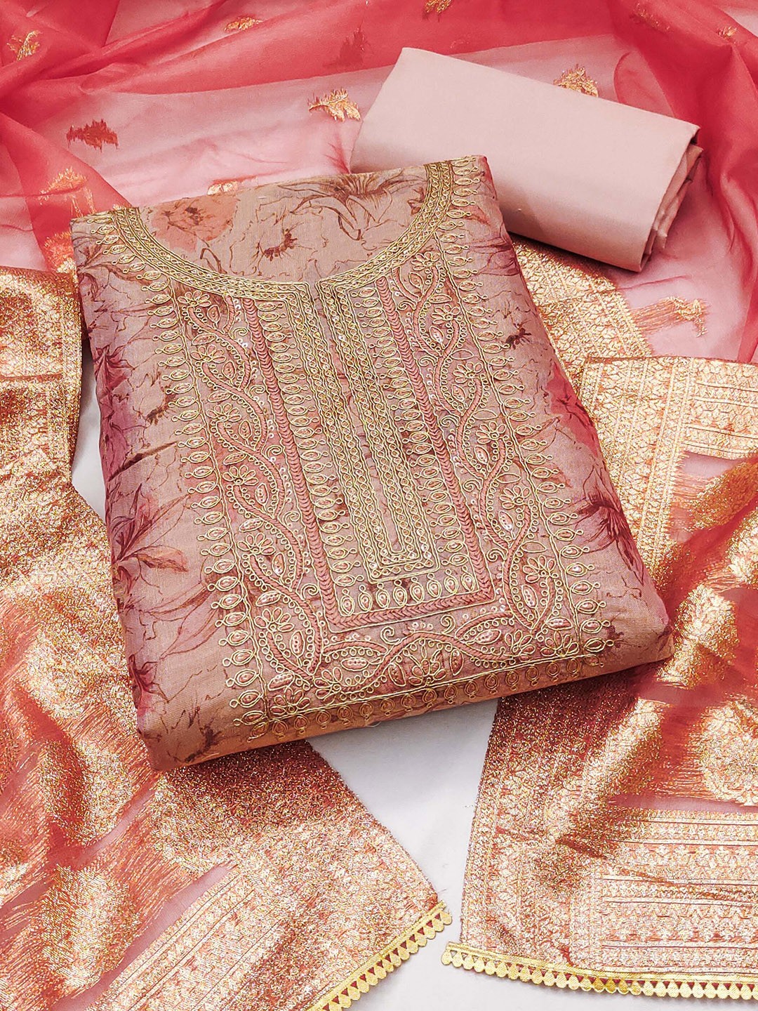 

MANVAA Floral Printed Sequinned Unstitched Dress Material, Peach