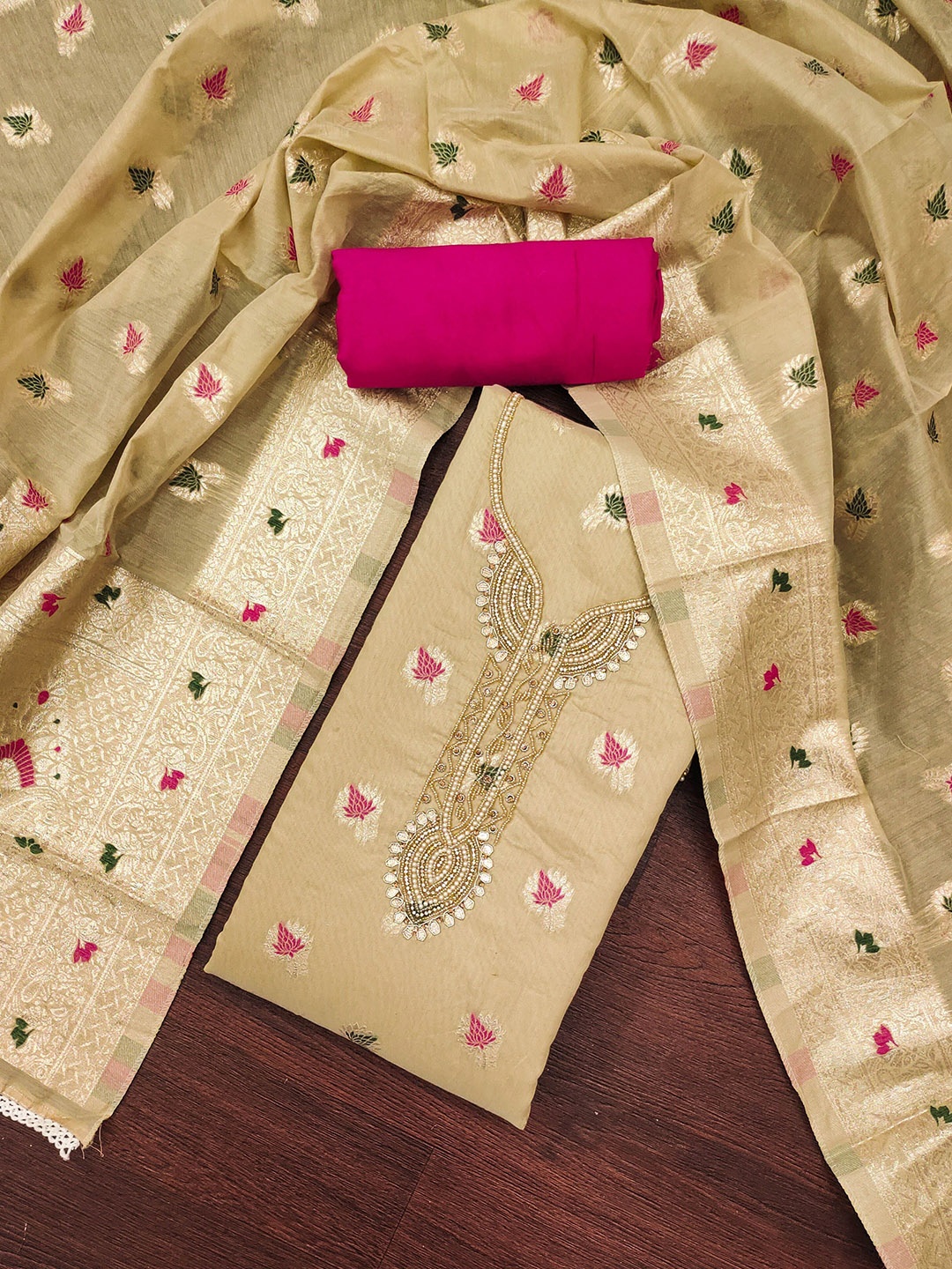 

MANVAA Floral Woven Design Beads and Stones Unstitched Dress Material, Pink