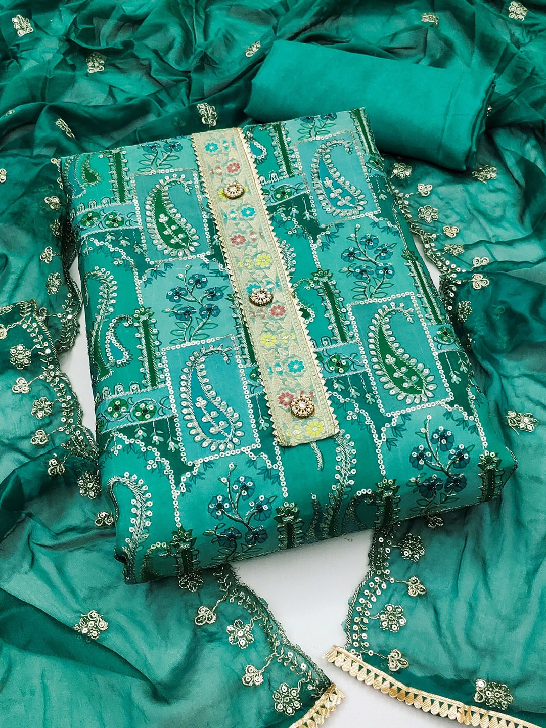 

MANVAA Floral Embellished Sequinned Organza Unstitched Dress Material, Green