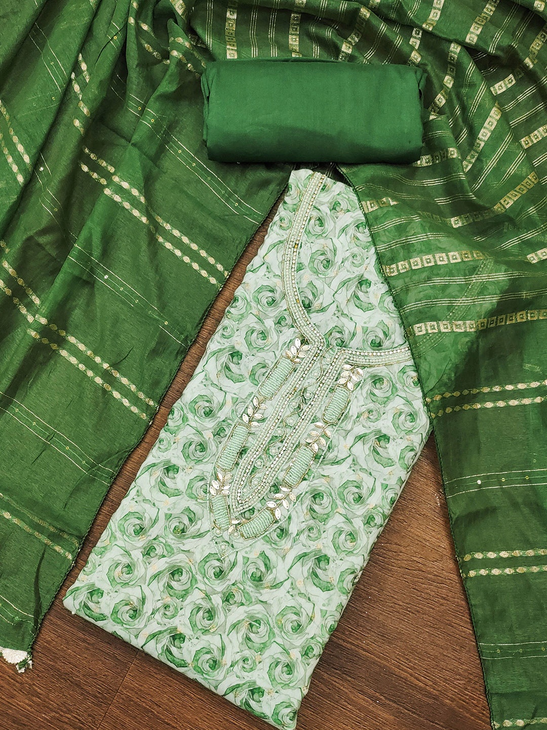 

MANVAA Floral Printed Beads and Stones Unstitched Dress Material, Green
