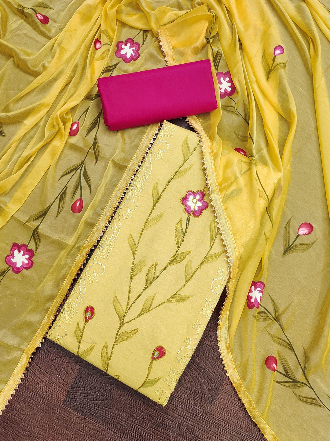 

MANVAA Floral Printed Sequinned Unstitched Dress Material, Yellow