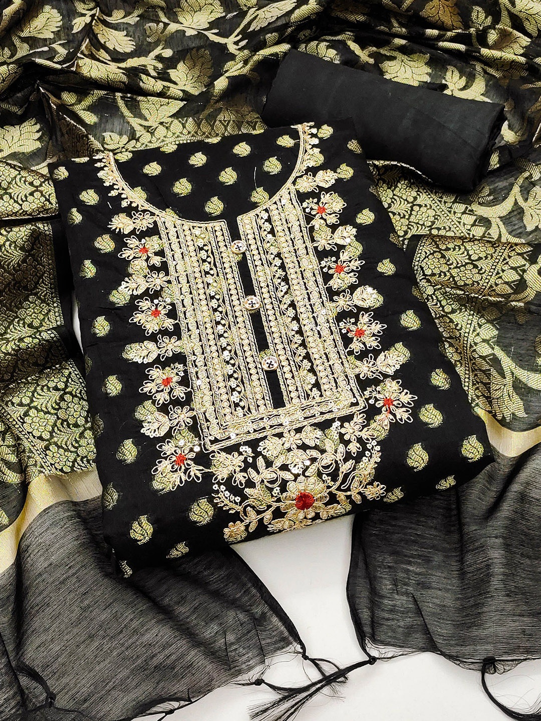 

MANVAA Ethnic Motifs Woven Design Beads and Stones Unstitched Dress Material, Black