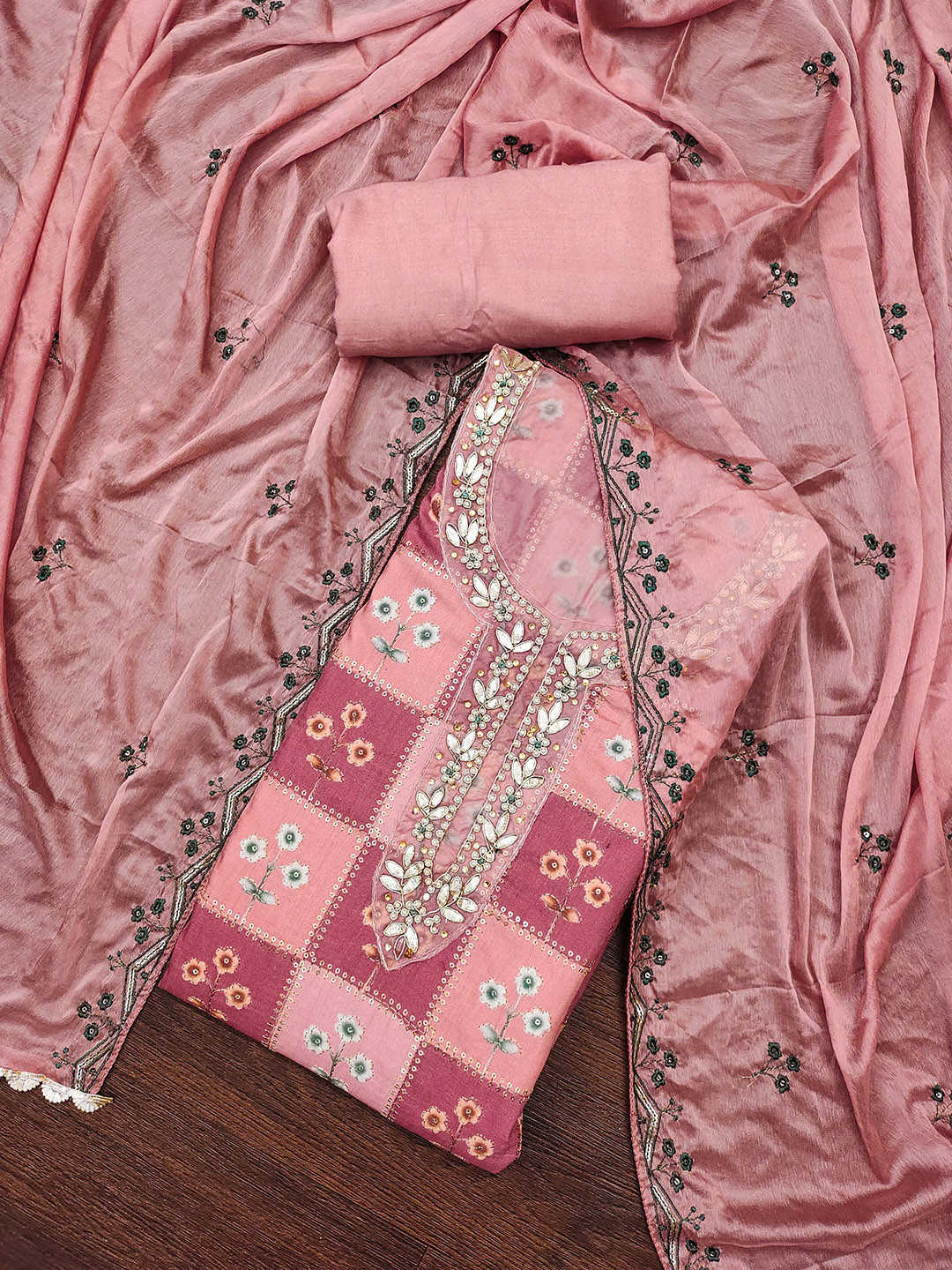 

MANVAA Floral Embellished Sequinned Unstitched Dress Material, Pink