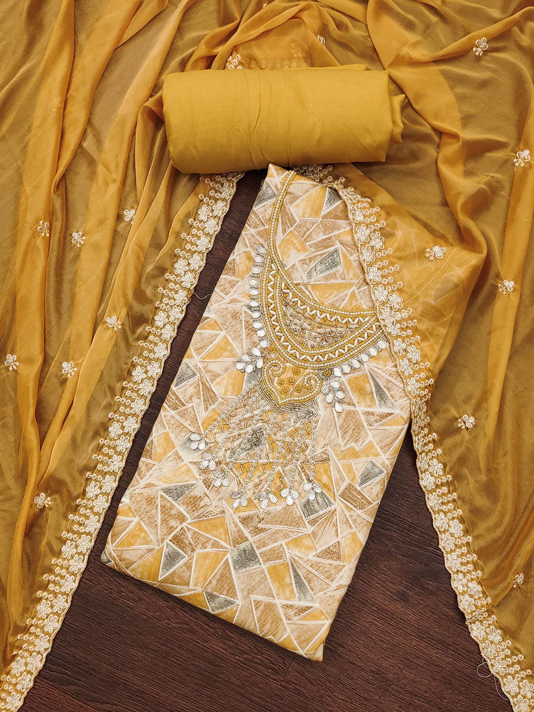 

MANVAA Geometric Printed Beads and Stones Unstitched Dress Material, Mustard