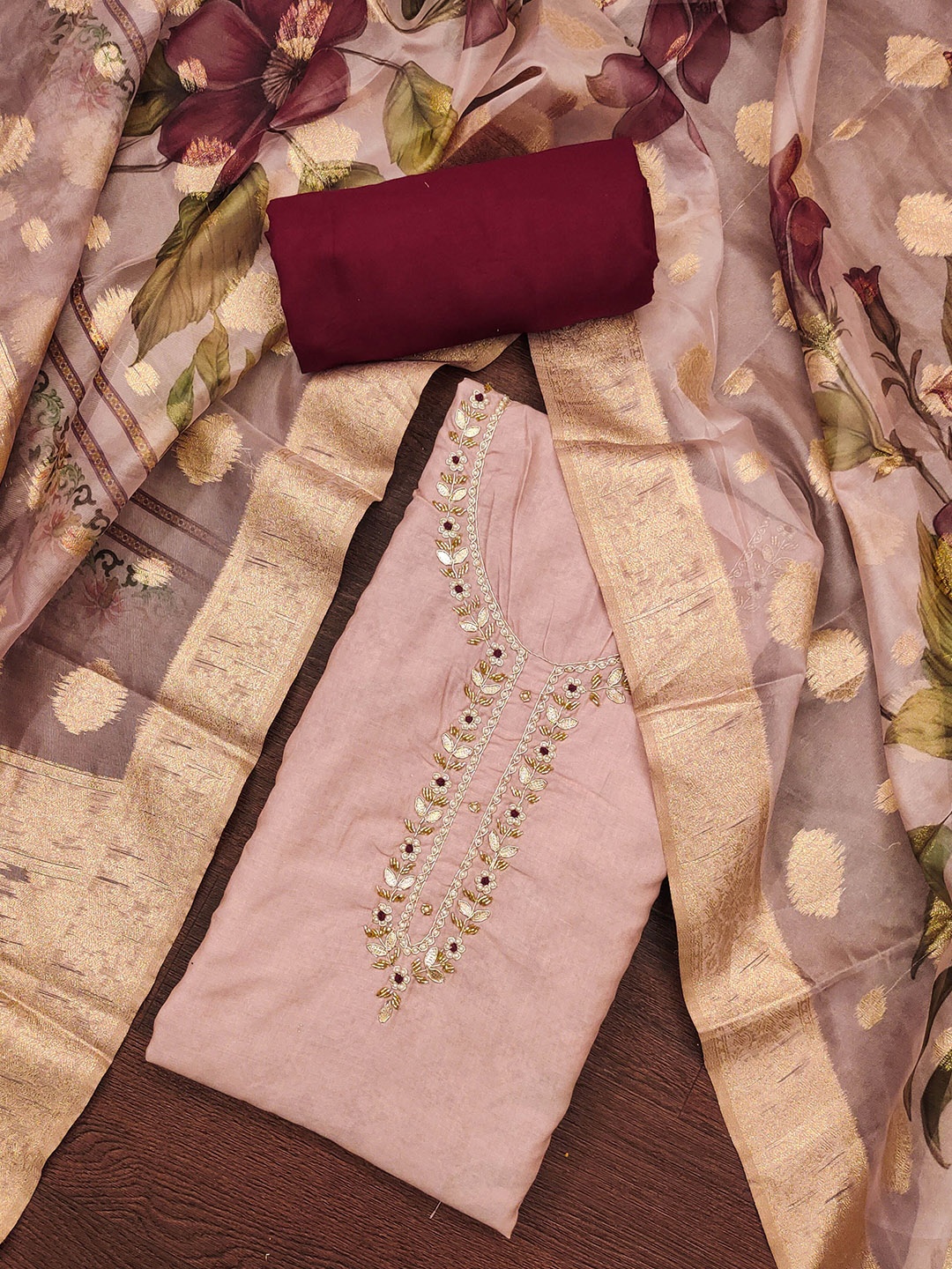 

MANVAA Floral Embellished Beads and Stones Unstitched Dress Material, Peach